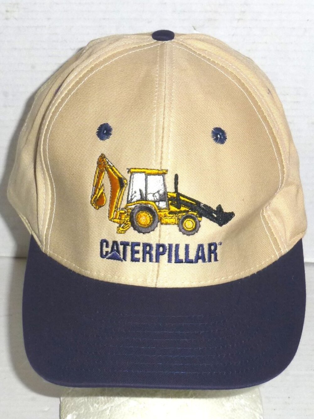 VTG Caterpillar Bulldozer Snapback Adjustable Embroidered Hat Beige/Navy